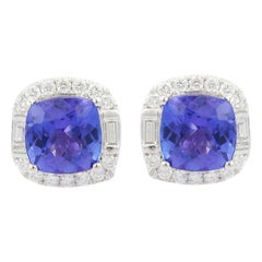 Tanzanite and Diamond Cushion Shape Stud Earrings in 18K Solid White Gold