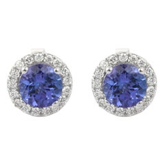 Perfect Blue 1.75 Ct Tanzanite and Diamond Stud Earrings in 18K White Gold