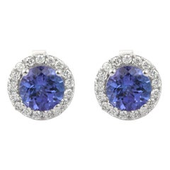 Clous d'oreilles parfaits en or blanc 18 carats avec tanzanite bleue de 1,75 carat et diamants