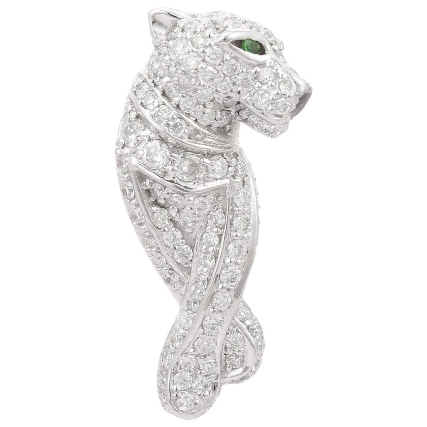 Pendentif panthère en or blanc 18 carats avec tsavorite