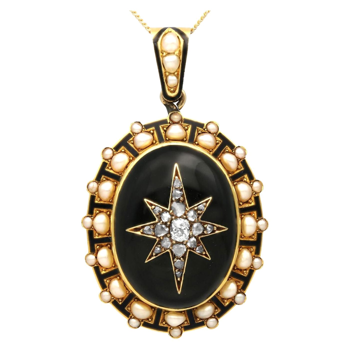 Antikes viktorianisches Gelbgold-Medaillon aus Gelbgold mit Onyx, Diamant, Perle und Emaille