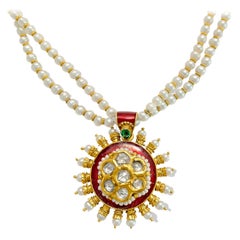 22k Gold Natural Basra Pearl Diamond Emerald Necklace