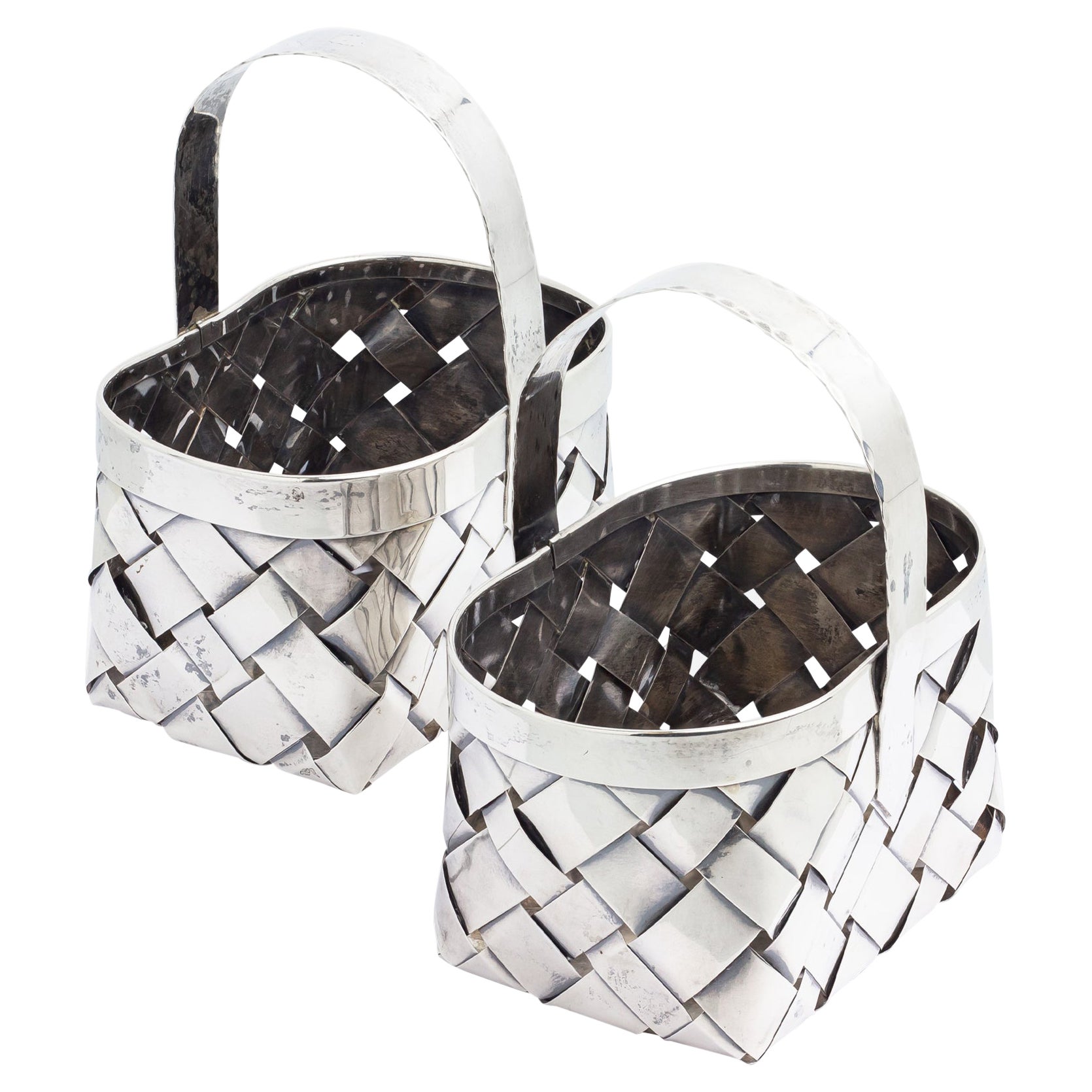 Pair of Handmade, 'Woven', Sterling Silver Baskets by Cartier