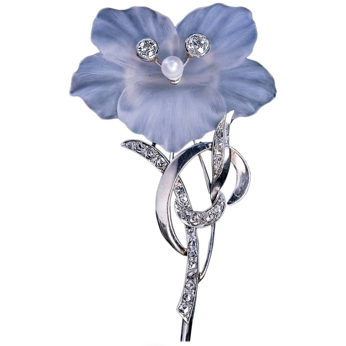 Carved Rock Crystal Diamond Pearl White Gold Brooch For Sale
