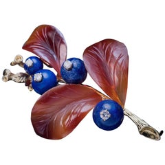 Carved Agate Lapis Diamond Gold Berry Brooch