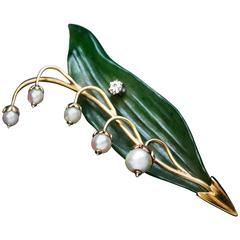Lily of the Valley Carved Nephrite Jade Pearl Diamond Gold Brooch