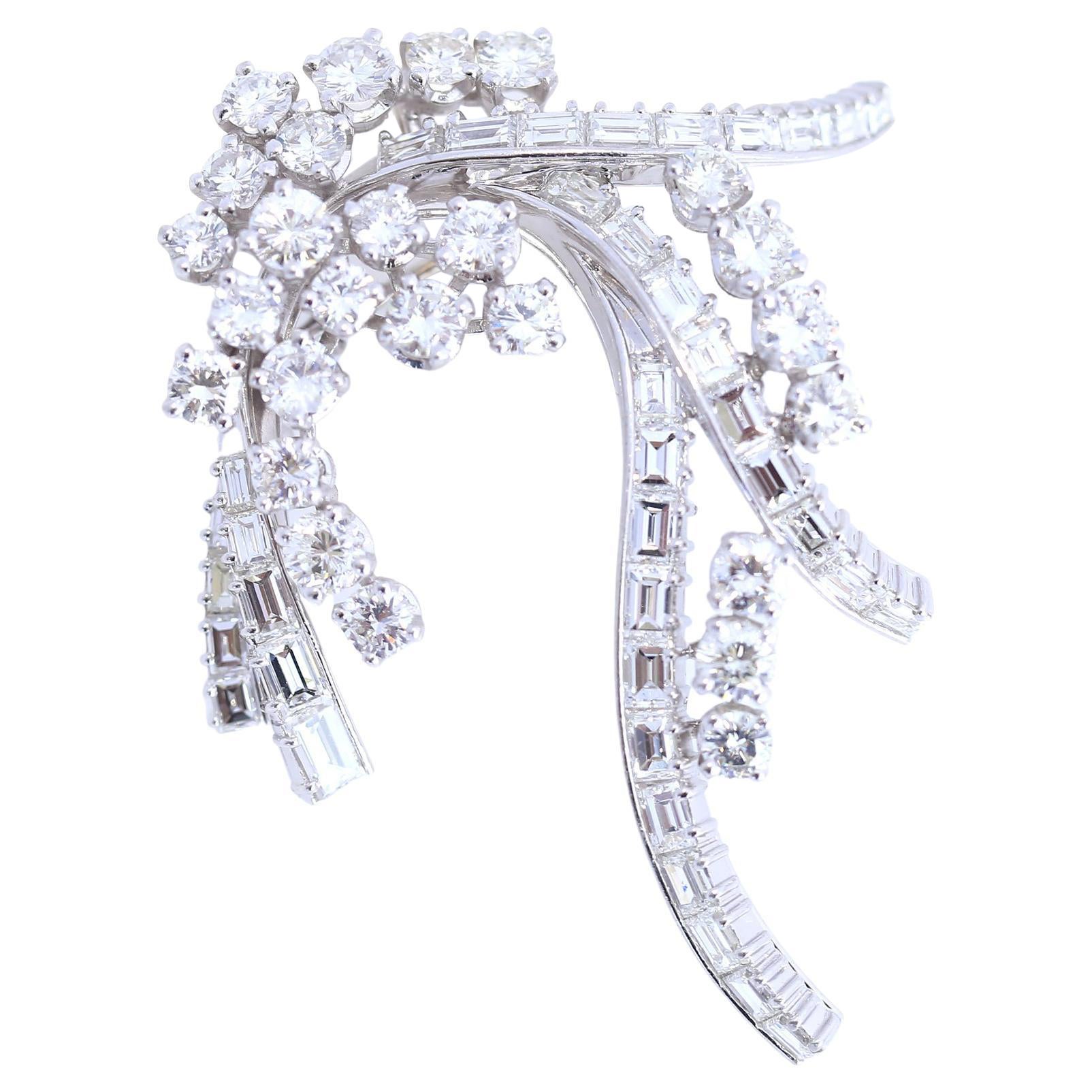 Brooch Diamonds Baguette Round Pendant Pin 18k White Gold, 1970 For Sale