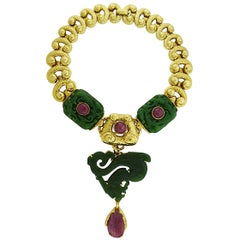David Webb Jadeite Ruby Gold Necklace Brooch Combination