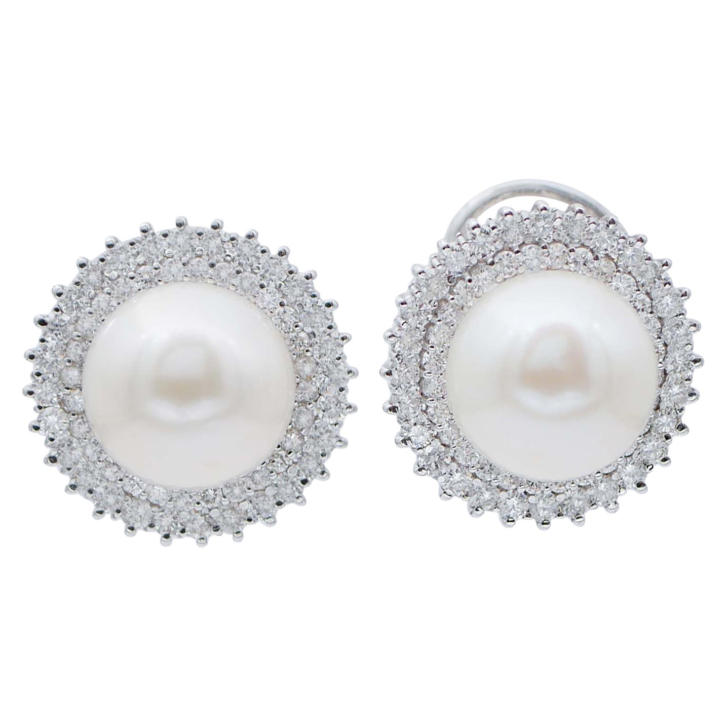 White Pearls, Diamonds, 18 Karat White Gold Stud Earrings