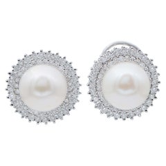 Retro White Pearls, Diamonds, 18 Karat White Gold Stud Earrings