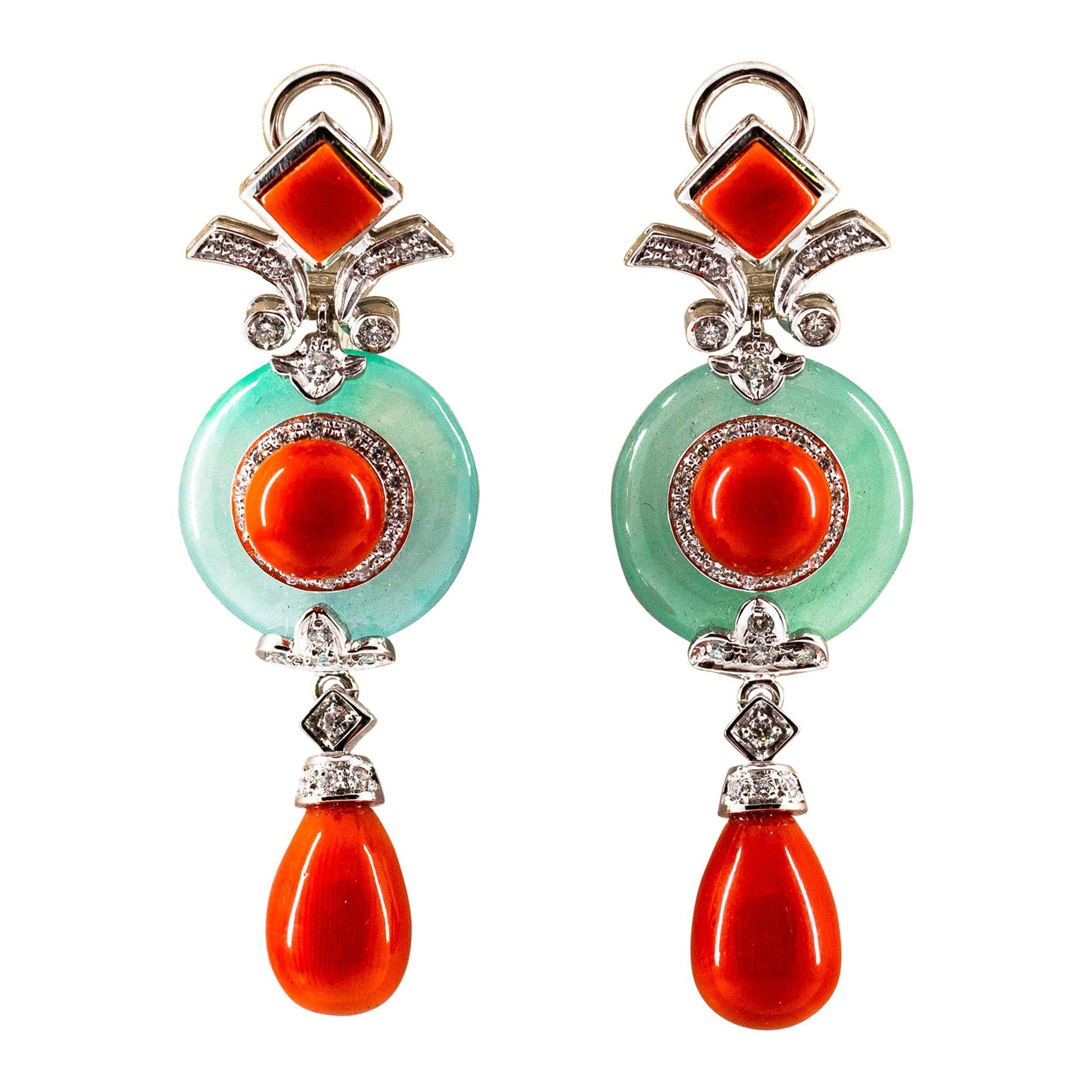 Art Deco Style Mediterranean Red Coral Jade White Diamond White Gold  Earrings For Sale at 1stDibs