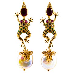 Retro Art Nouveau Emerald Blue Sapphire Ruby Diamond Yellow Gold Pearl Drop Earrings