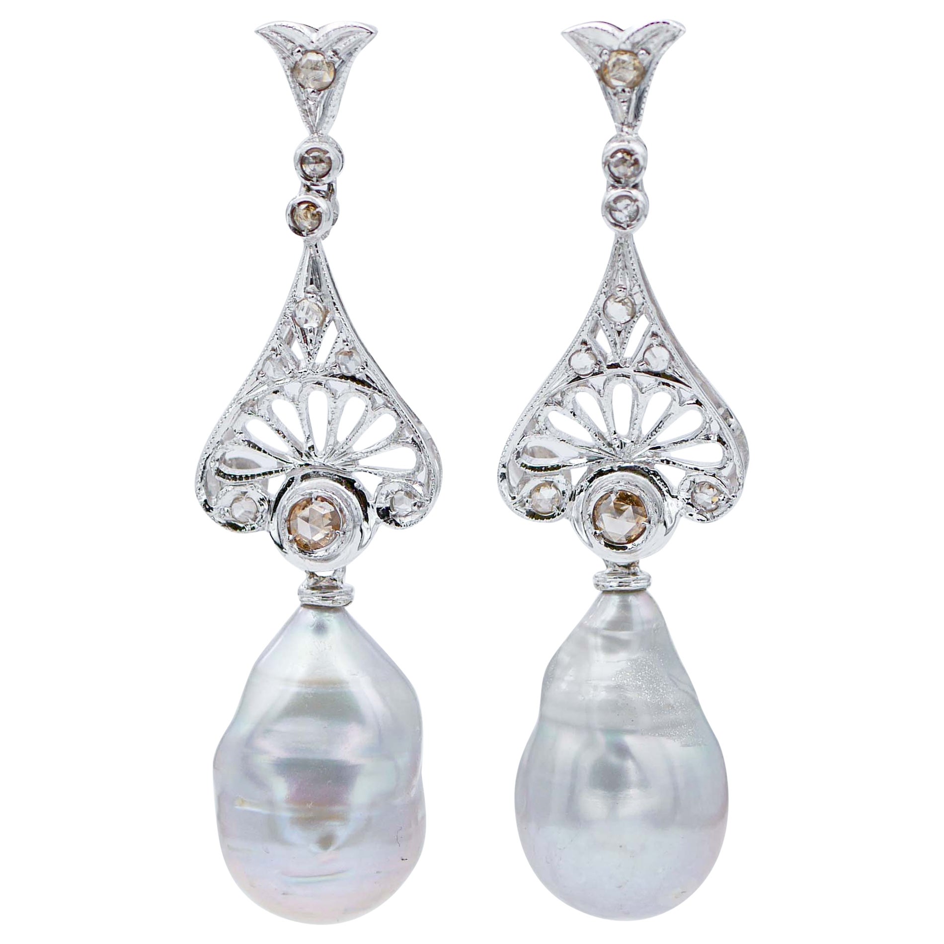Baroque Grey Pearls, Diamonds, 18 Karat White Gold Retrò Earrings