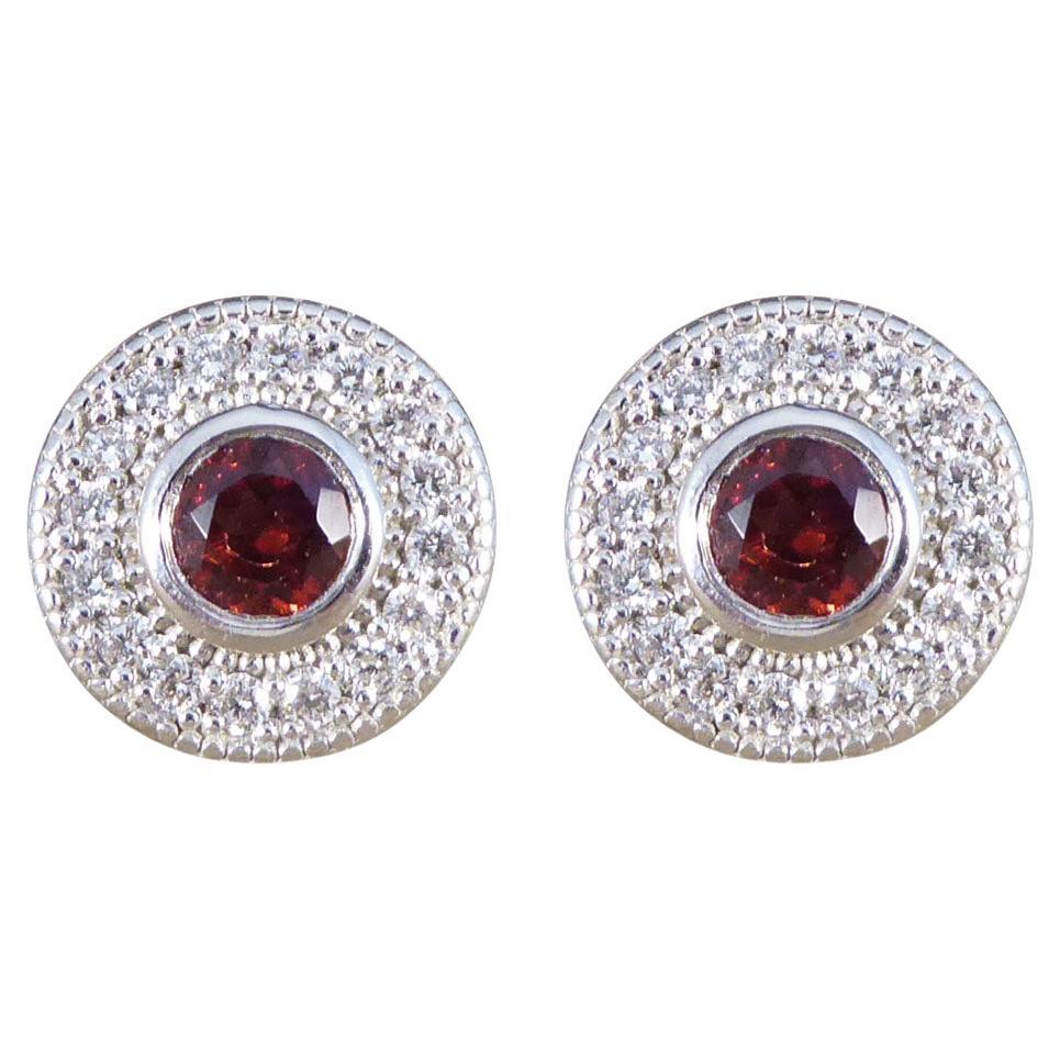 Art Deco Style Modern Garnet and Diamond Cluster Earrings in 9 Carat White Gold
