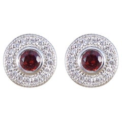 Art Deco Style Modern Garnet and Diamond Cluster Earrings in 9 Carat White Gold