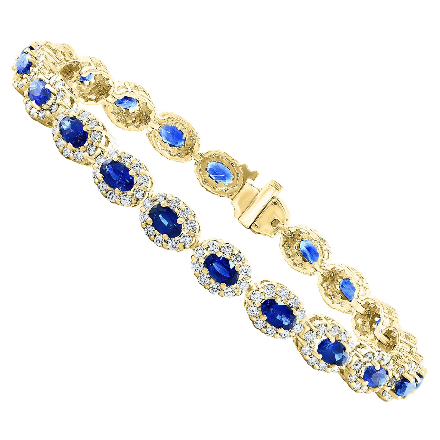 6.24 Carat Oval Cut Blue Sapphire and Diamond Halo Bracelet in 14K Yellow Gold For Sale
