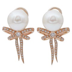 Pearls, Diamonds, 14 Karat Rose Gold Bow-Shaped Earrings
