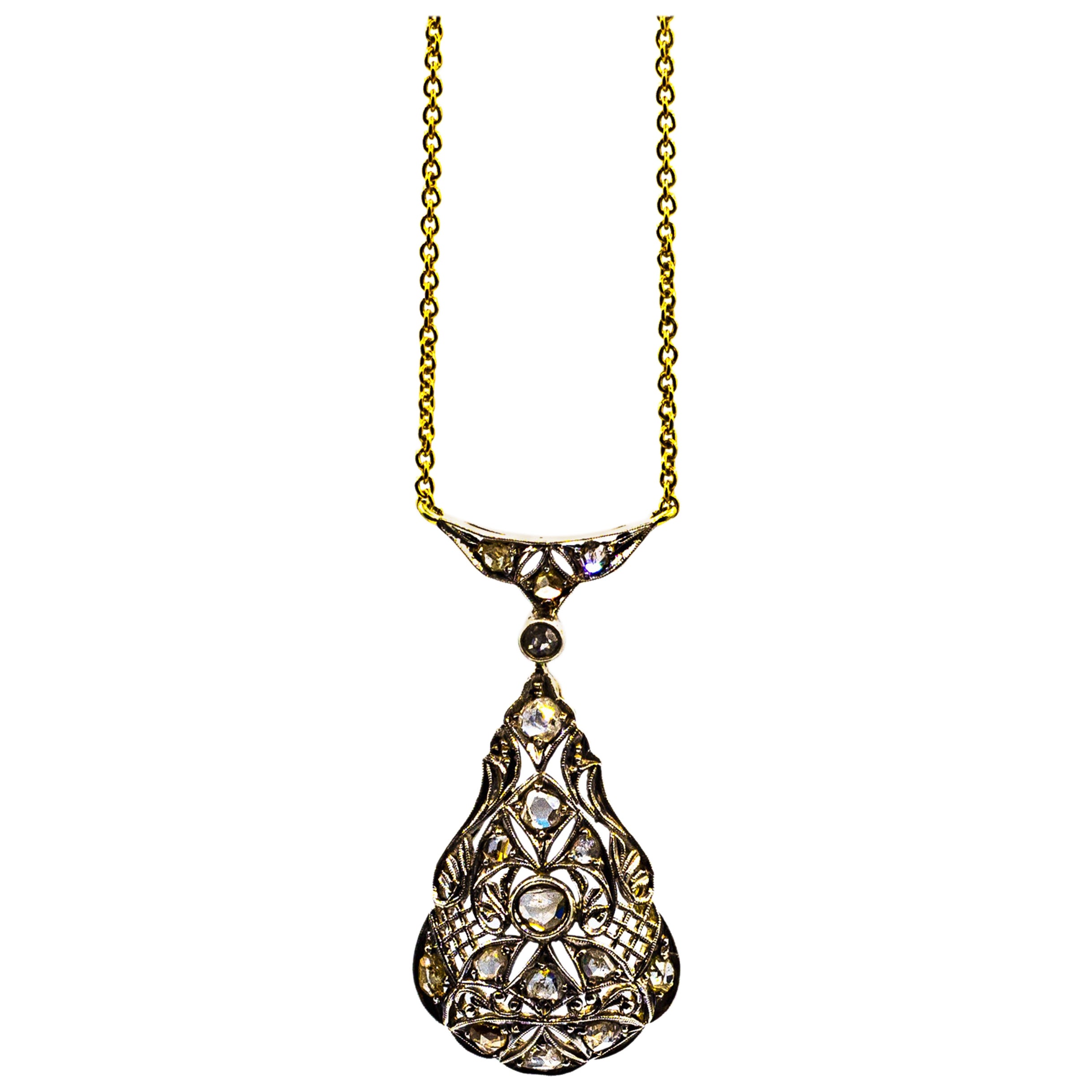 Art Deco Style 1.50 Carat White Rose Cut Diamond Yellow Gold Pendant Necklace