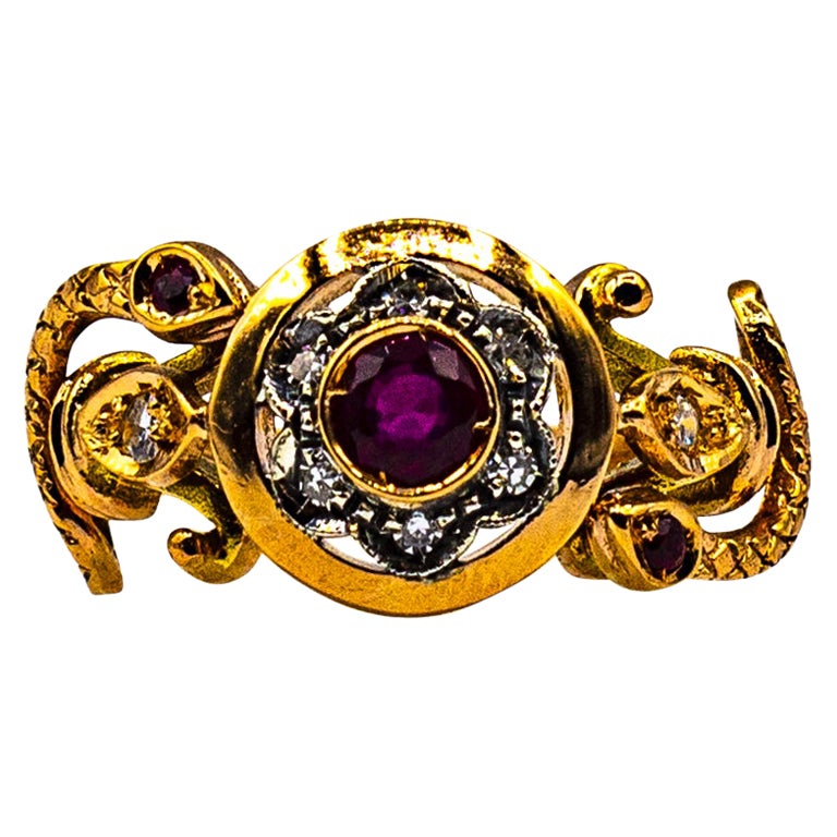 Art Nouveau Style White Old European Cut Diamond Ruby Yellow Gold Cocktail Ring For Sale