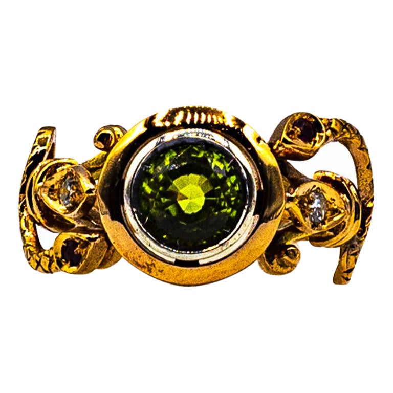 Art Nouveau Style White Diamond Peridot Ruby Yellow Gold Cocktail Ring For Sale