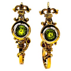 Retro Art Deco Style White Diamond Peridot Ruby Yellow Gold Stud Drop Earrings