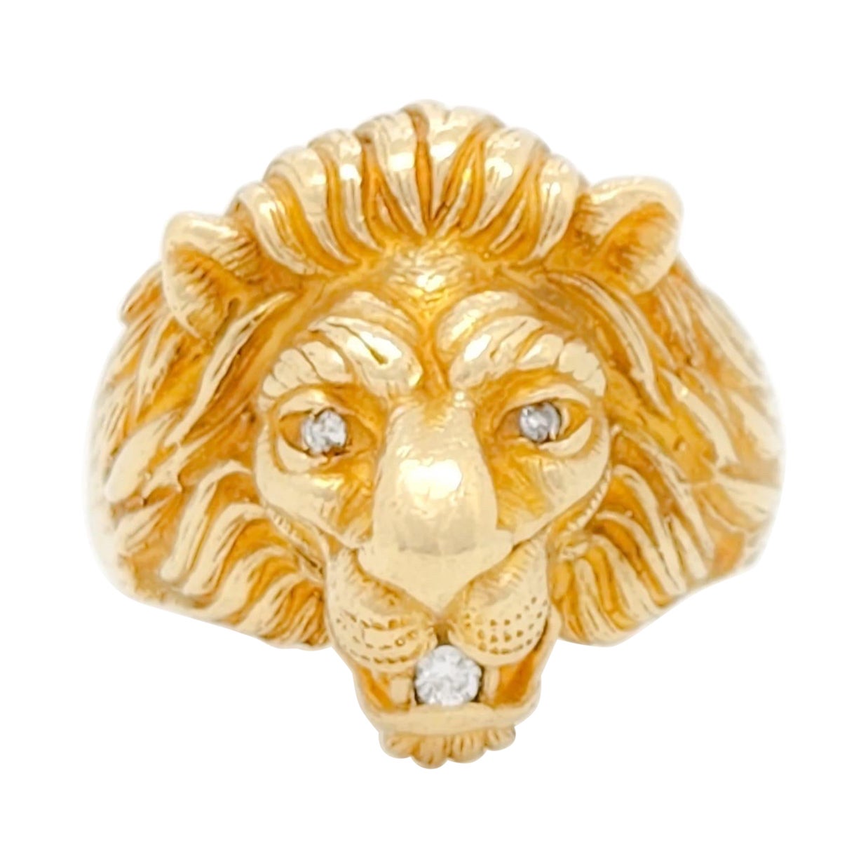 Lion Head Diamond Ring 14K Yellow Gold For Sale at 1stDibs