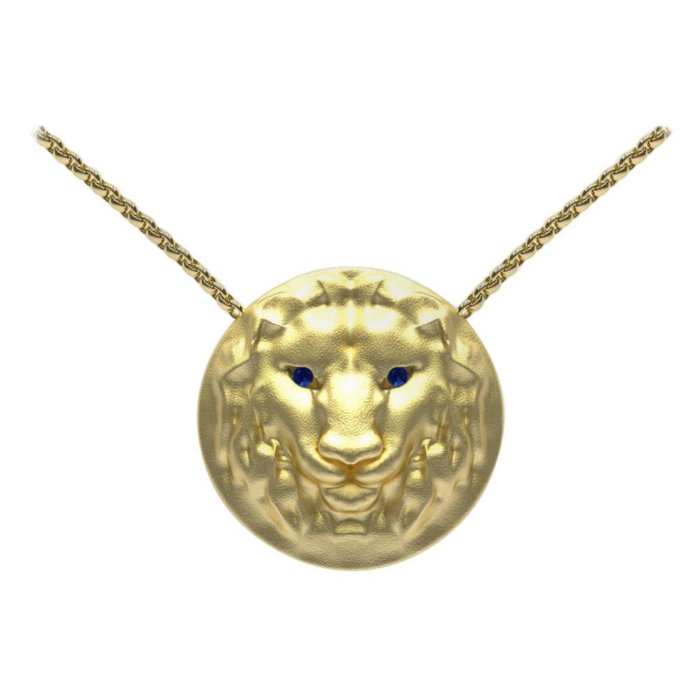 18 Karat Yellow Gold Lion Pendant Womens Necklace with Sapphire Eyes For Sale