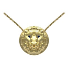 18 Karat Yellow Gold Lion Pendant Womens Necklace with Sapphire Eyes