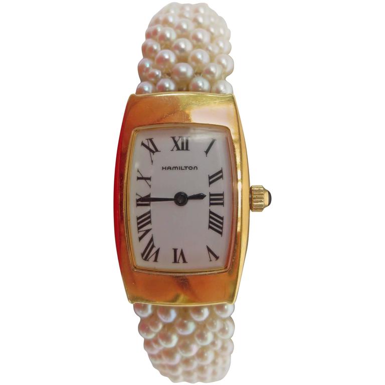 Hamilton Lady's Yellow Gold Woven MultiStrand Pearl Band Wristwatch