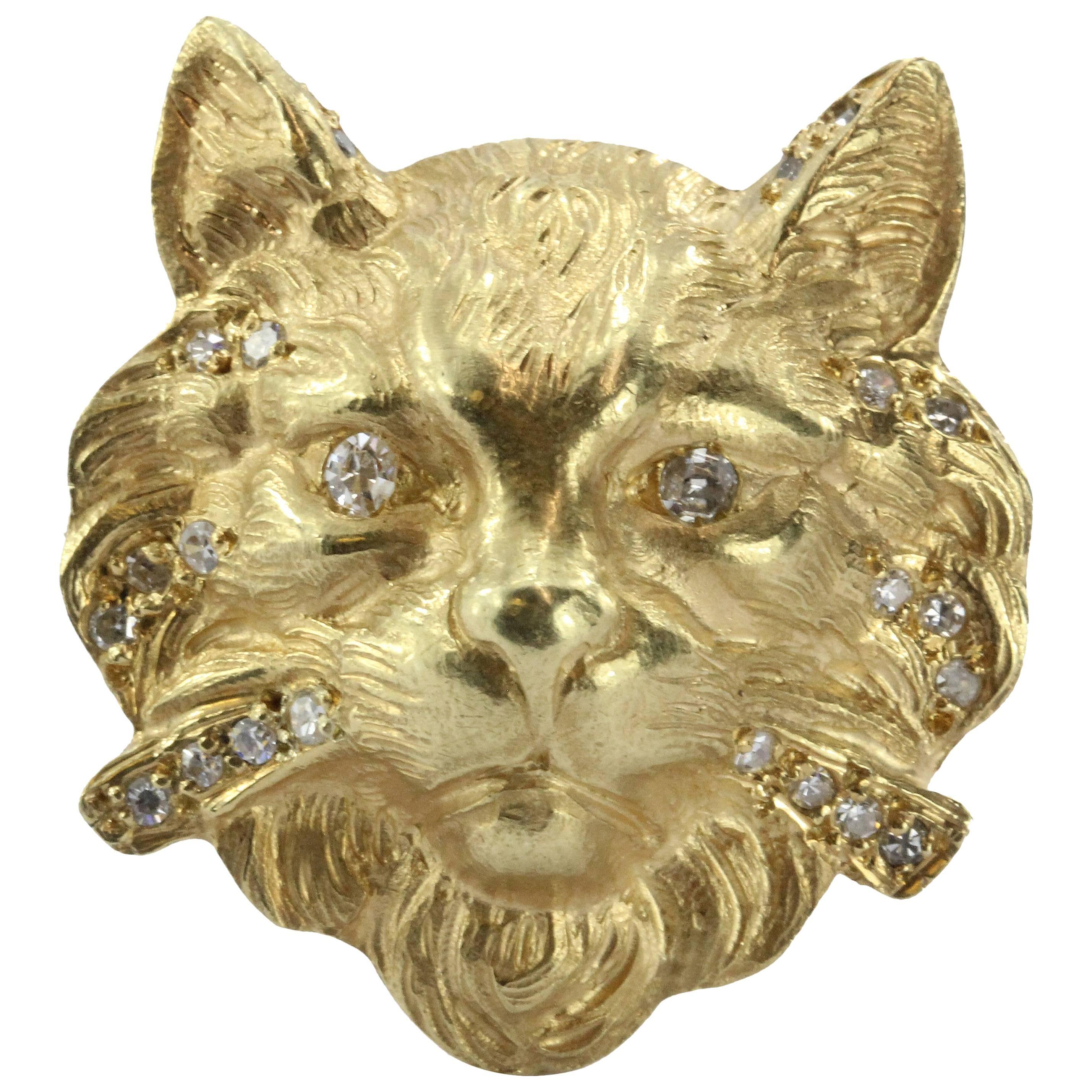 Lovely Diamond Gold Cat Face Ring