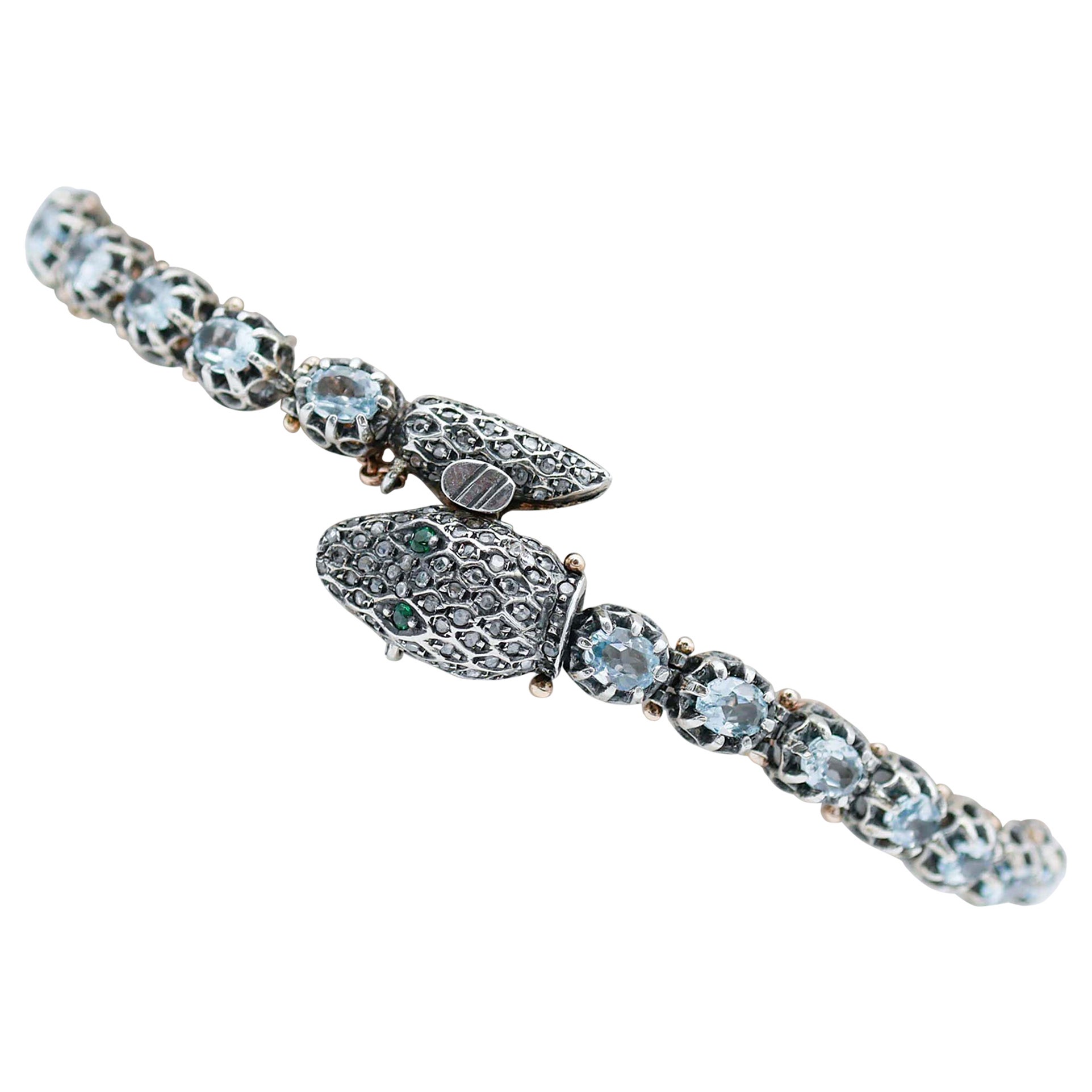 Diamonds, Topazs, Tsavorite, Rose Gold and Silver Snake Bracelet