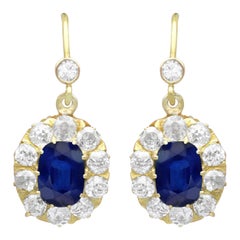 Boucles d'oreilles en goutte anciennes en or jaune 15 carats avec saphirs de 2,22 carats et diamants de 1,20 carat