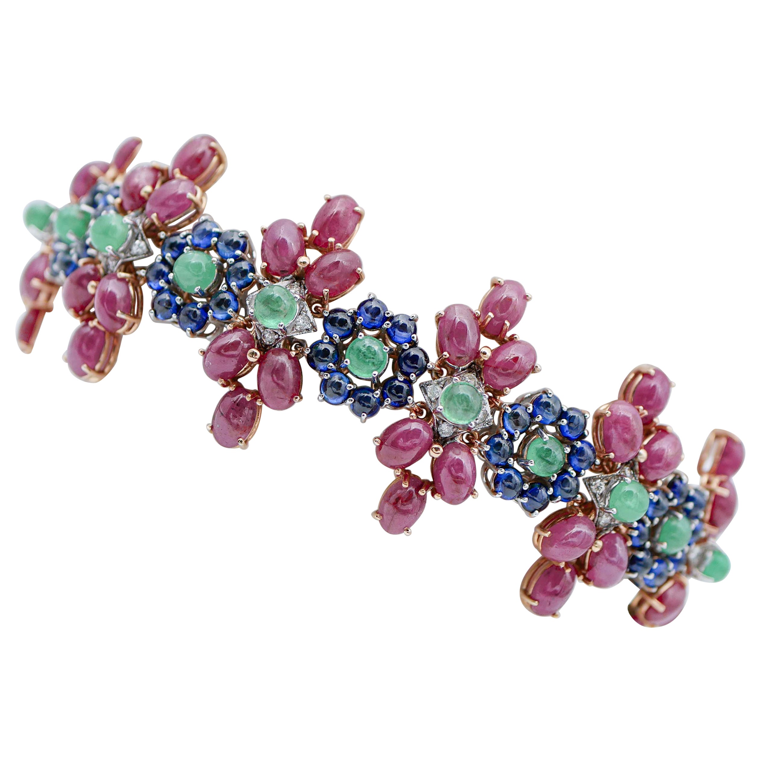 Rubies, Emeralds, Sapphires, 14 Karat White and Rose Gold Bracelet For Sale