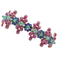 Vintage Rubies, Emeralds, Sapphires, 14 Karat White and Rose Gold Bracelet