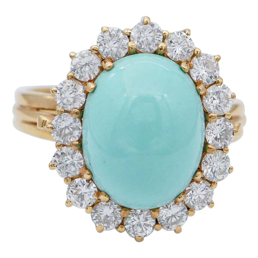 Turquoise, Diamonds, 18 Karat Yellow Gold Retrò Ring