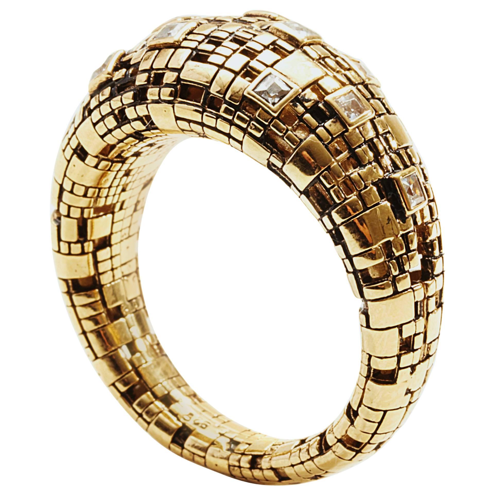 Bitcoin Blockchain Diamond and 18K Gold Slim Dome Ring For Sale