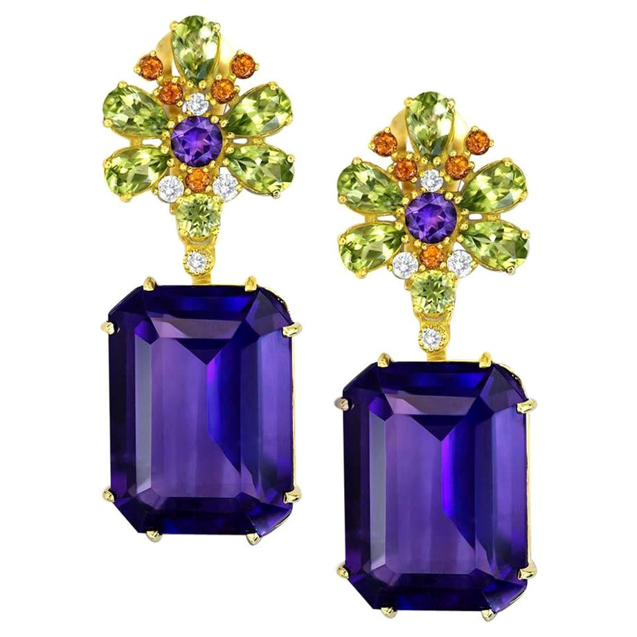 Alex Soldier Amethyst Peridot Garnet Diamond Gold Drop Earrings One of a Kind