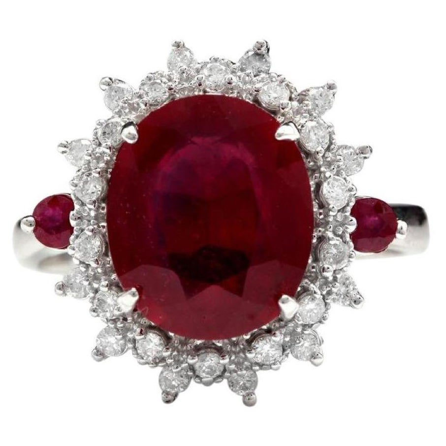 7.75 Carats Impressive Red Ruby and Diamond 14K White Gold Ring