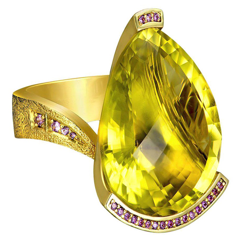 Alex Soldier Lemon Citrine Sapphire Hand-Textured Gold Swan Cocktail Ring