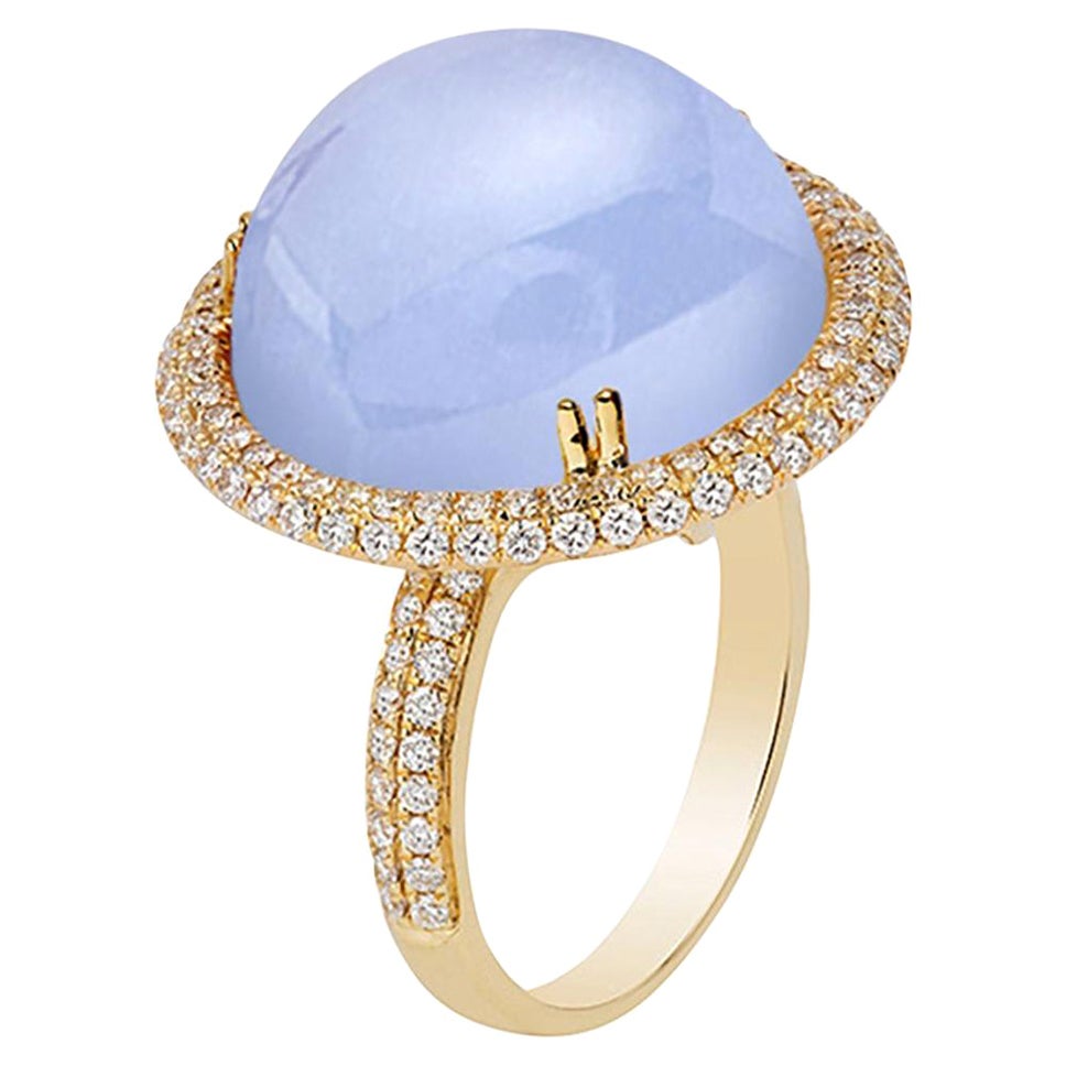 Goshwara Round Blue Chalcedony Cab and Diamond Ring