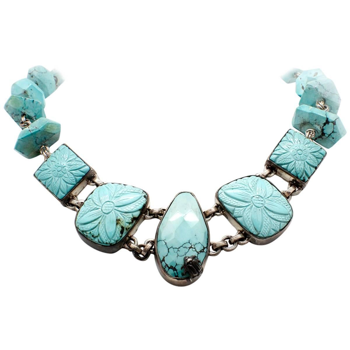 Stephen Dweck Sterling Silver Carved Turquoise Toggle Necklace For Sale