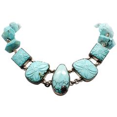 Stephen Dweck Sterling Silver Carved Turquoise Toggle Necklace