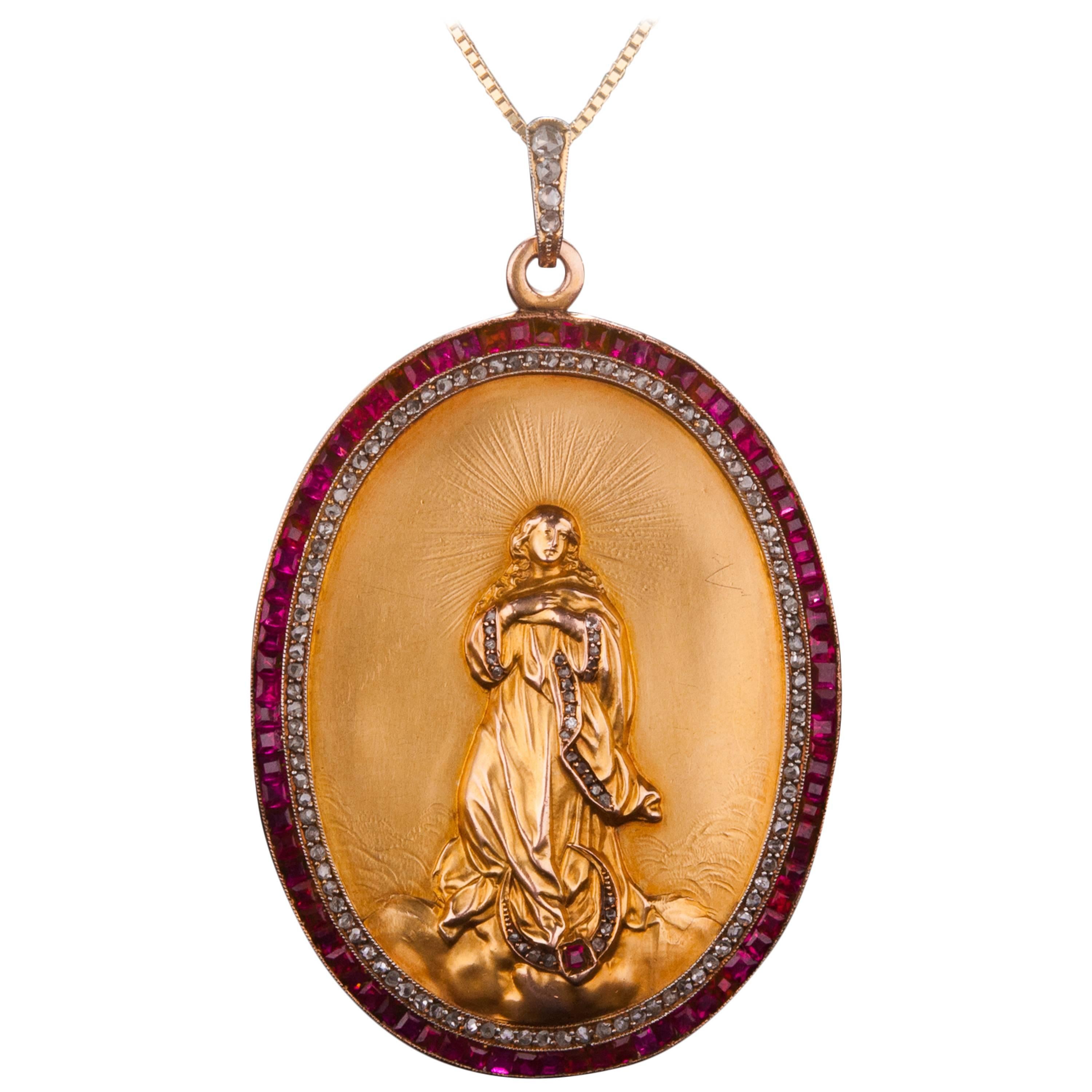 Ruby, Diamond and 24k Gold Flash Madonna Pendant For Sale