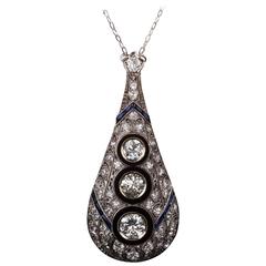 1920s Art Deco Onyx, Sapphire and 4.10ctw Diamond Pendant