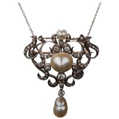 1870s Victorian Pearl, Diamond and Silver-Over-Gold Pendant