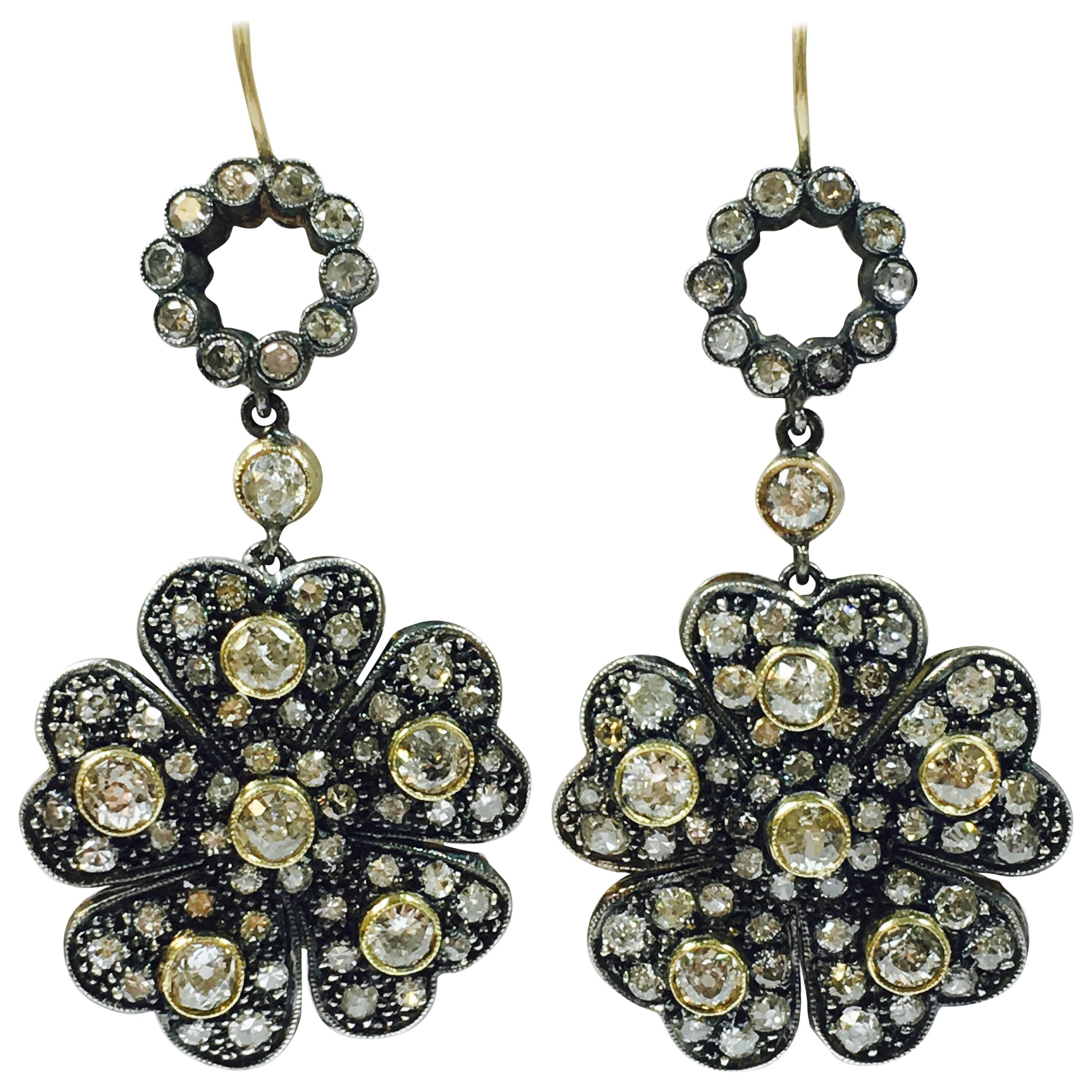 Large 6 Carat Diamonds Flower Dangle Earrings For Sale