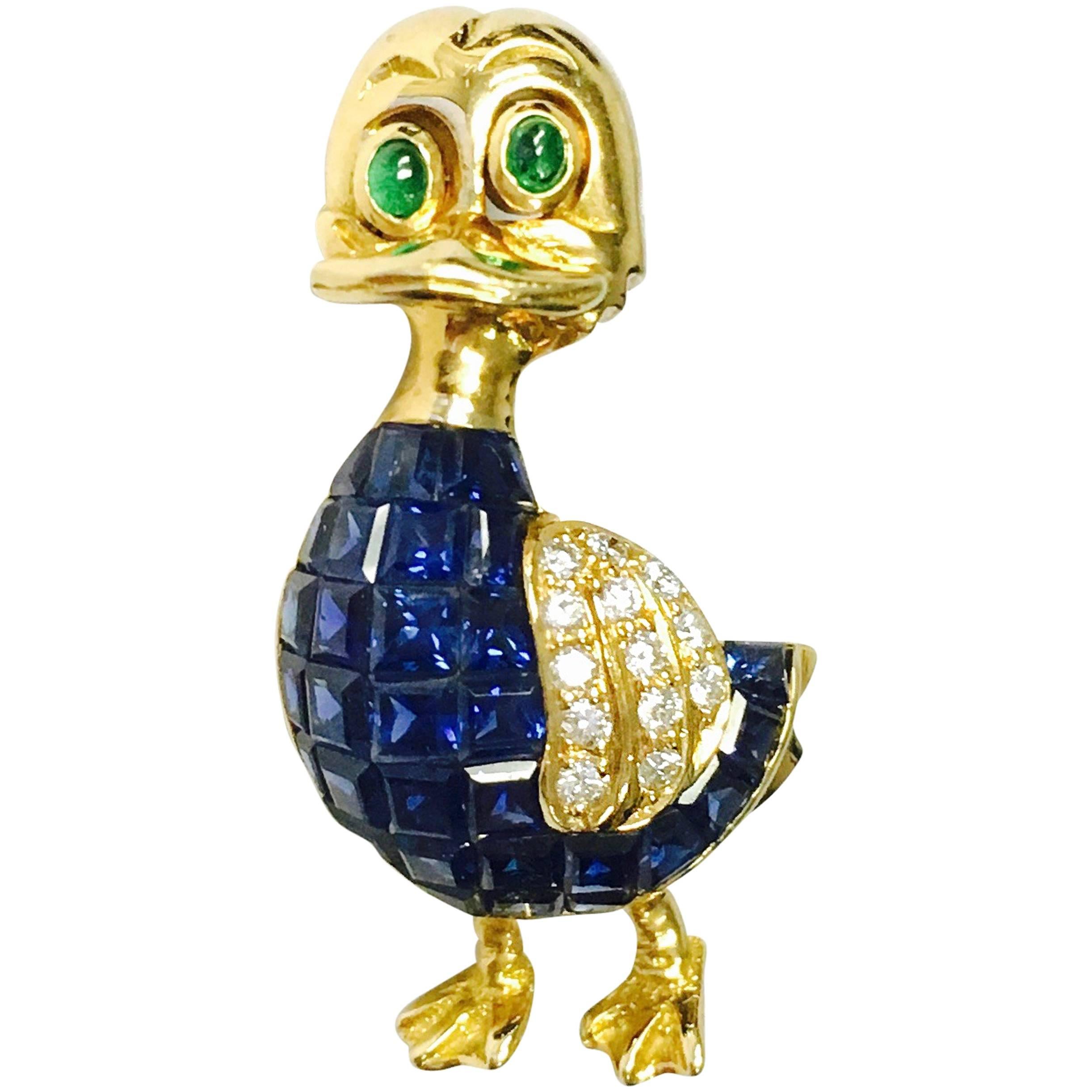 Invisibly Set Sapphire Emerald Diamond Gold Duck Pin at 1stDibs
