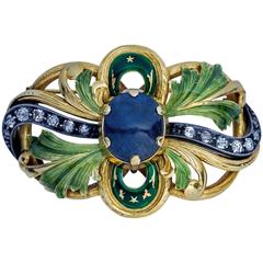 Art Nouveau Sapphire Diamond Enamel Gold Brooch 12