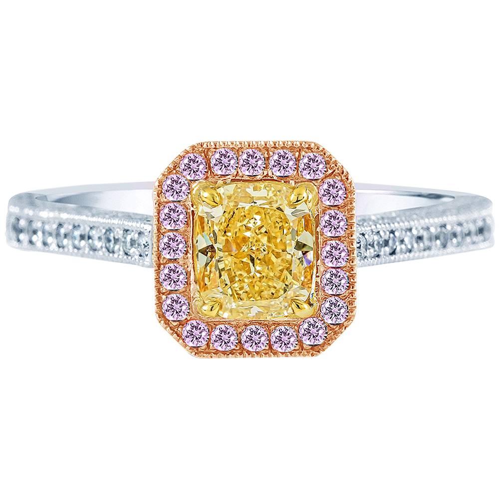 Cushion Cut Fancy Yellow Diamond with Pink Diamond Halo Engagement Ring For Sale