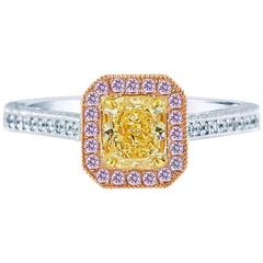 Cushion Cut Fancy Yellow Diamond with Pink Diamond Halo Engagement Ring